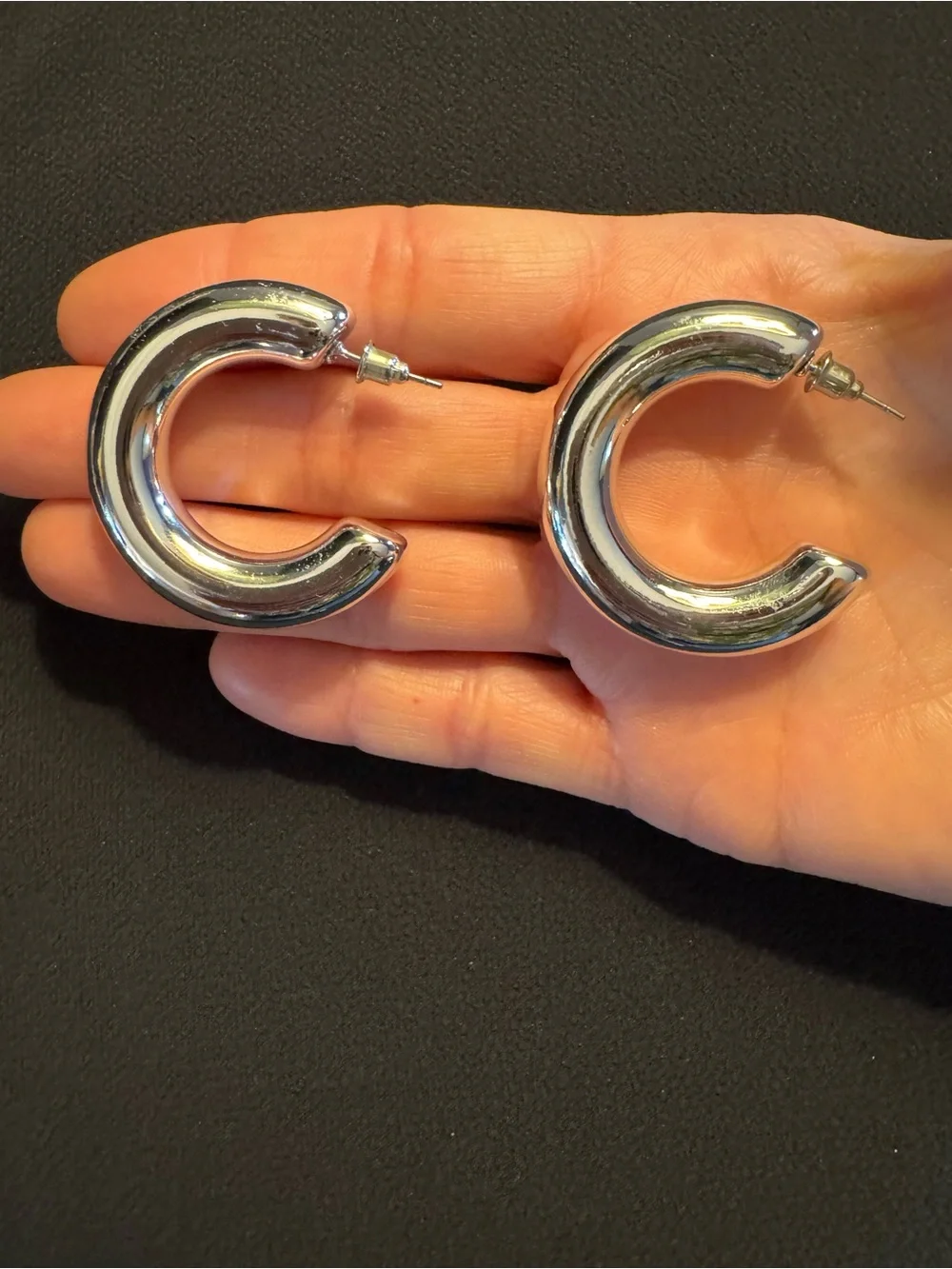 Chunky Silver Hollow Hoop Earrings 1.5”